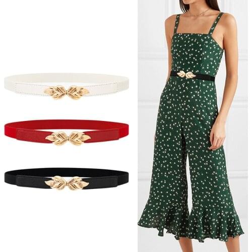 Women Elastic Thin Stretch Wrap leaves Buckle Waistband metal gold buckles Waist Belt Ladies Fashion Leaf cummerbund party dress