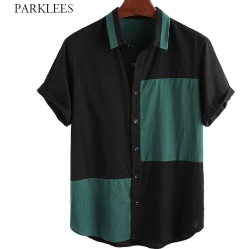 Hit Color Patchwork Mens Linen Shirt 2020 Casual Summer Mens Short Sleeve Shirts Button Up Loose Shirt for Men Camisas Hombre