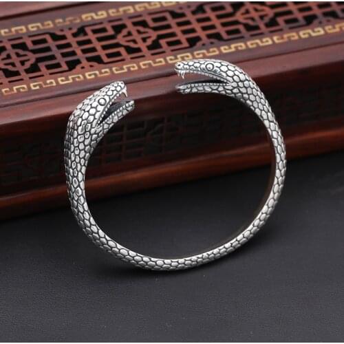 S925 Sterling Silver Retro Thai Silver Male And Female Domineering Python Personality Double Snake Head Open Ended Bangle