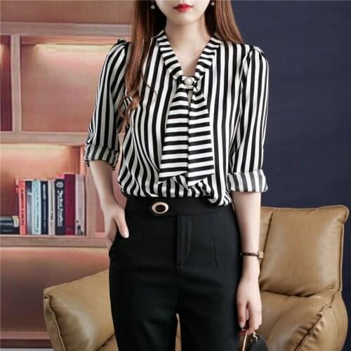 Spring Autumn Chiffon Long Sleeve Print Stripe Shirts Fashion Loose Casual Blouses Blusas Bow-Knot Tops MM1129