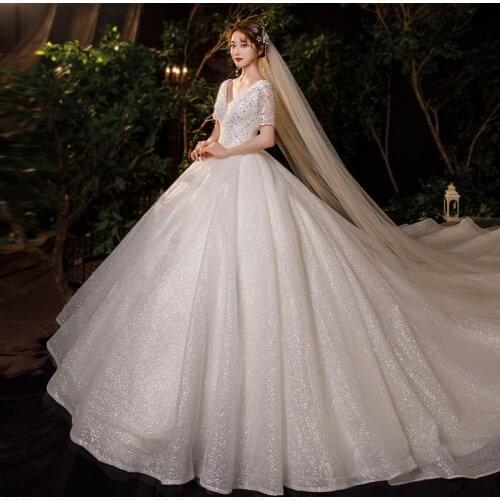 French Champagne Wedding Dress 2020 New Bridal Gowns Winter Mariage With Tcourt Train Short Slevess Vestido De Noiva Brautkleid