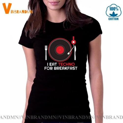 Vintage Rave Hardstyle DJ T-shirt New Fashion Retro Old School Vinyl Tee shirt Funny I Eat Techno for Breakfast Women T shirt