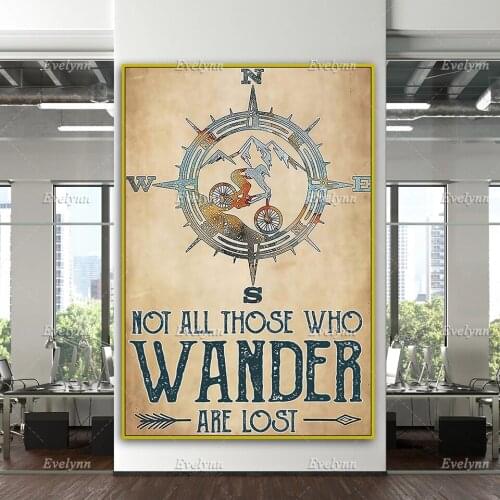 Vintage Not All Those Who Wander Are Lost Poster, Mountain Biking Poster, Travel Compass Art,Home Decor Canvas Wall Art Prints