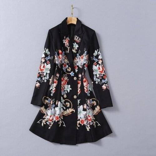 European and American womens wear 2020 winter new style Long sleeves double breasted Retro floral prints fashion Trench coat