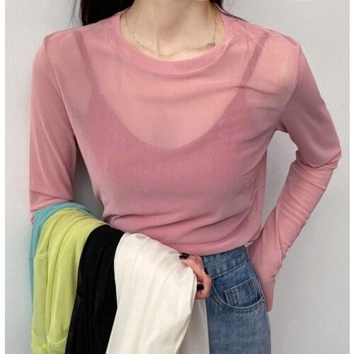 2021 Summer Candy Color Ice Silk Bottoming Shirt Womens Long-sleeved Mesh Sunscreen T-shirt With A Solid Color Top Thin Section