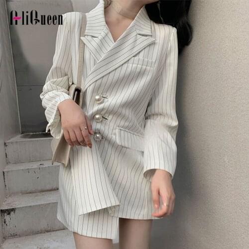 Korean Coat Feminino Stripes Pearls Button Lapel Women Blazers Ladies White Woman Blazer Jacket Japanese Style Autumn Slim Coats