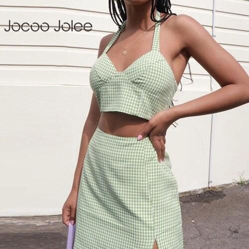 Jocoo Jolee Women Summer Sexy Sweet Plaid Halter V-Neck Tank Top And High Waist Split Skinny Mini Skirt Two Pieces Sets