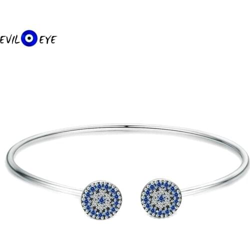 EVIL EYE Blue Zircon Turkish Evil Eye Open Bangle Adjustable 925 Sterling Silver Cuff Bracelet for Women Girls Fine Jewelry SE04