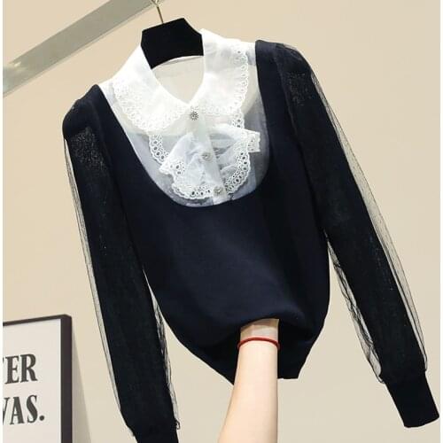 Spring Autumn Sweater Womens New Lace Stitching Lapel Knitted Shirt Ladies Tops Temperament Sweater Jumper