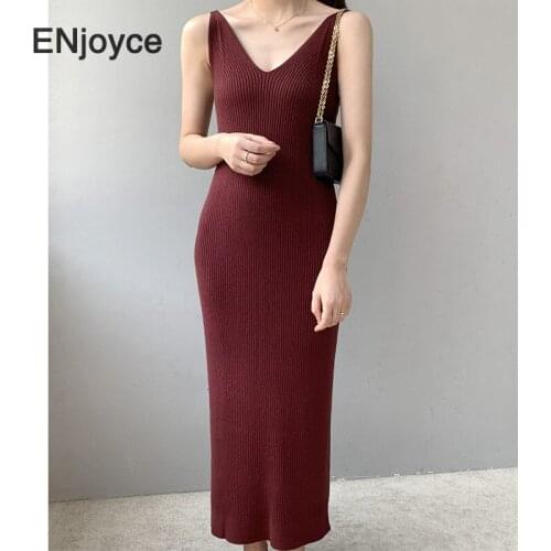 2021 Spring Summer New Arrive Women Knitted Sexy Dress A-line Solid Sleeveless Mid-calf Slim High-waist V-neck French Bottoms