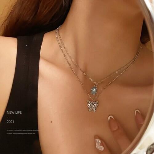 Woman Vintage Necklace Fashion Opal Layered Butterfly Pendant Dainty Cute Jewelry Accessories Trend Fine Womens Neck Chain