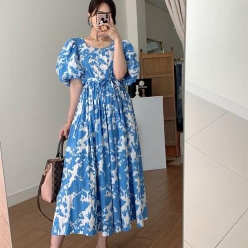 Retro Summer Dress Women O-Neck Puff Sleeve Vintage Long Midi Dress Loose Ink Pinted Korean Party Dress Plus Size Elegant C199