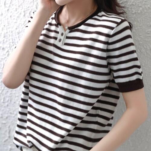 2020 New Womens T-shirt Casual Harajuku Striped 100% Cotton Top T-shirt Summer Womens T-shirt Short Sleeve Womens Clothing