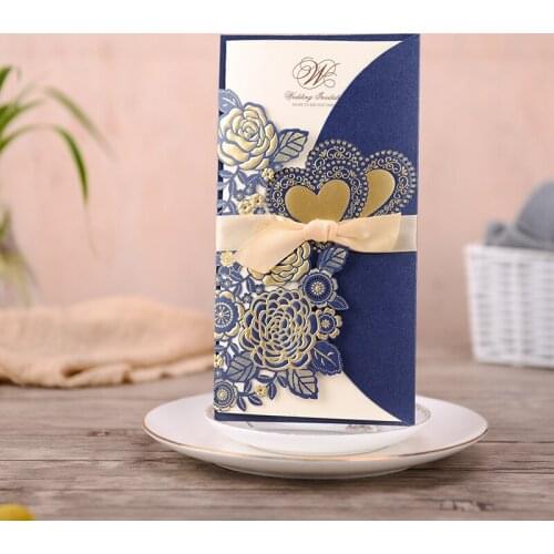 50pc Blue Red White Laser Cut Wedding Invitations Card Rose Love Heart Greeting Invitation With Ribbon For Wedding Party Supplie