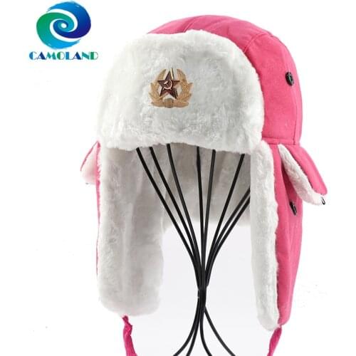 CAMOLAND Women Thermal Bomber Hats Army Military Soviet Badge Russia Ushanka Winter Hat Male Faux Fur Earflap Snow Ski Caps