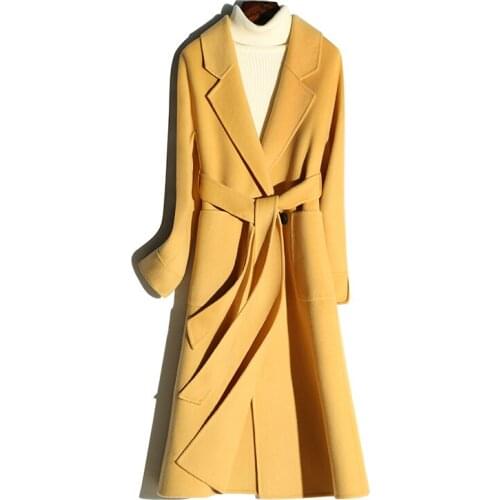 Long 100% Wool Coat Women Korean Double-sided Spring Autumn Wool Jacket Yellow Overcoat Abrigos Mujer Elegante XRD1810 KJ6052