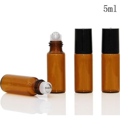 Refillable 5ml Amber Steel Metal Roller ball Roll On Perfume Glass Bottles Essential Oil Bottle LX1028