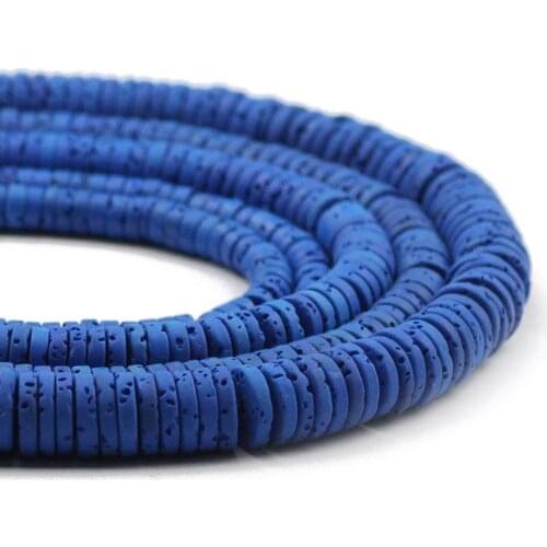 Natural Volcanics Lava Stone Beads Dark Blue Flat Round Loose Beads for Jewelry Making DIY Bracelets Findings 4x2/6x2/8x2mm 15