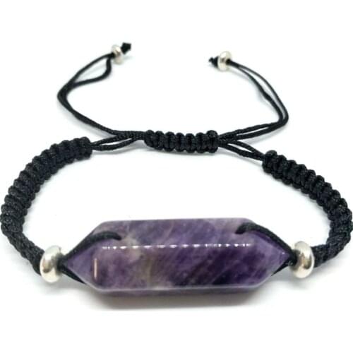 Silver Plated Hexagon Prism Natural Amethysts Stone Elastic Bracelet Handmade Weave Jewelry