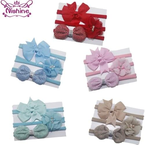 Nishine 3pcs/lot Baby Girls Bowknot Chiffon Flower Headbands Ribbon Bows Elastic Nylon Headwear Photo Props Hair Accessories Set
