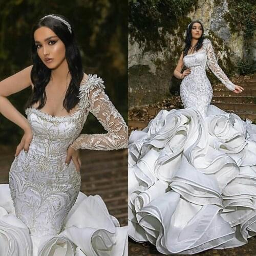 Luxury Ruffles Mermaid Wedding Dresses Plus Size One Shoulder Chapel Train Gorgeous Bridal Gowns Nigerian Arabic Marriage Dress