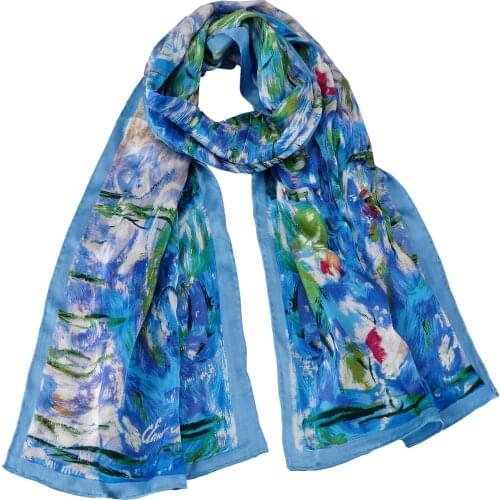 Luxury Long Silk Scarf Women Designer Oil Painting Floral Silk Shawls Pashmina Ladies Wraps Scarves Foulard New Hijab Blue
