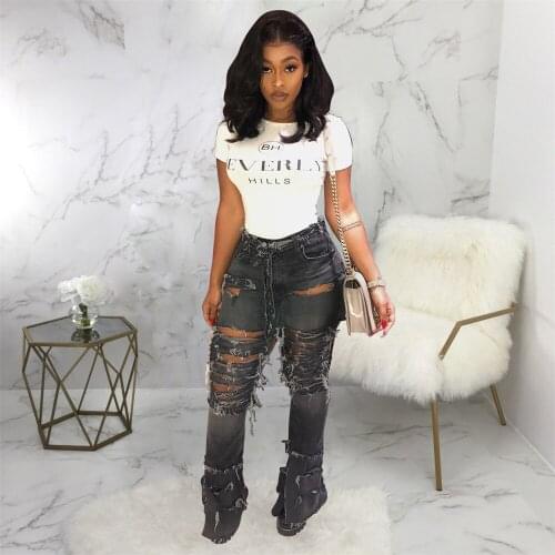 Plus Size Sexy Hole Ripped Flare Jeans Women Streetwear High Waist Wide Leg Denim Pants Vintage Bell-Bottom Hole Trousers Female