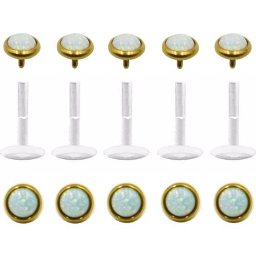1pc Opal Gold Opal Push In Top Bioplast Flexible Lip Piercing Ring Labret Stud Ear Helix Tragus Cartilage Earring
