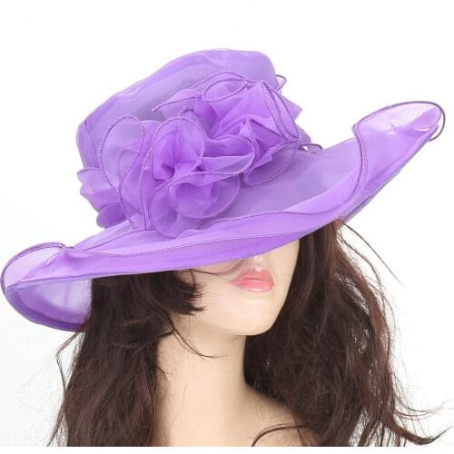 Women Summer Wide Brim Elegant Beach Organza Sun Hat Elegant Floppy Wedding Bohemia Cap Summer Church Kentucky Derby Tea Party