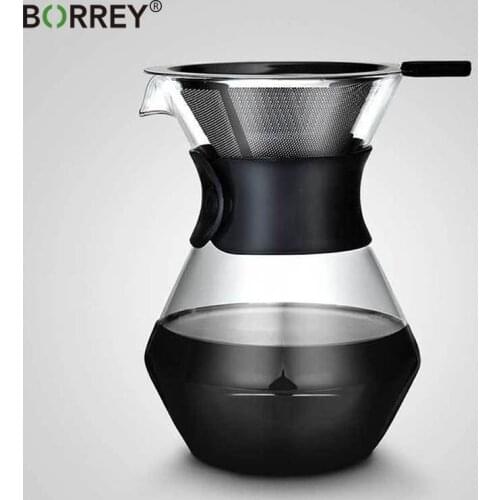BORREY400ML Glass Coffee Pot Pour Over Coffee Maker Reusable Stainless Steel Filter Glass Carafe Hand Coffee Dripper Brewer Pot