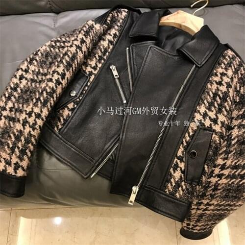 WSYORE Autumn and Winter Women Casual PU Leather Stitching Tweed Motorcycle Leather Jacket Female Jacket Female NS3017