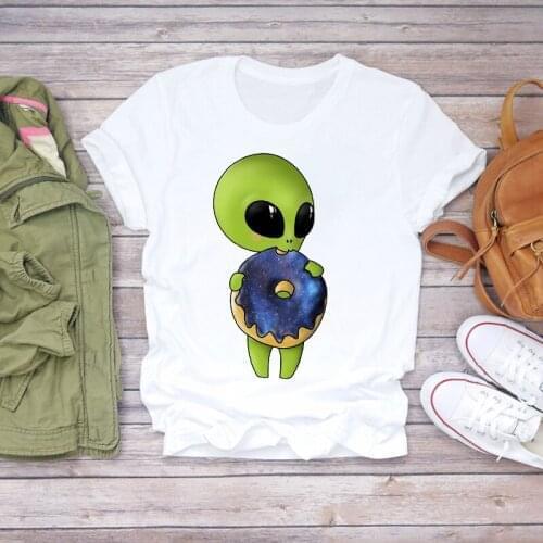 Women Cartoon Alien Space Printing Short Sleeve Clothing Summer Shirt T-shirts Top T Graphic Female Ladies Womens Tee T-Shirt