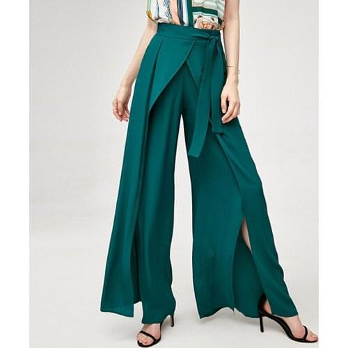 100% Silk Pants High Waist Solid Color Wide Leg Women High Street Causal Plus Size Bandage Ankle Length Pants New Fashion
