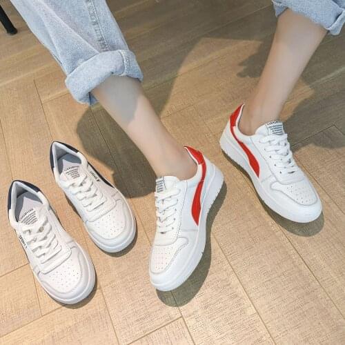 2021 Spring New Cowhide White Fashion Womens Shoes Flat Student Leisure Sports Sneakers Lace-Up