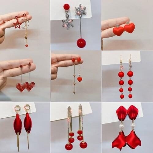 Chain Heart Earrings for Women 2021 Pearl Star Moon Earrings Female Fashion Accesories Red Ear Rings for Girls Oorbellen Punk
