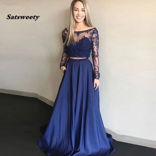 Long Sleeves Lace Beaded Two Pieces Prom Dresses 2020 vestidos de graduación Navy Blue Formal Evening Dress Plus Size Prom Gown