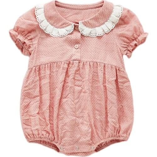 2021Korean Summer Kids Girls Romper Princess Lace Dot Turn-down Collar Short Puff Sleeve Newborn Baby Infant Cute Clothes Outfit