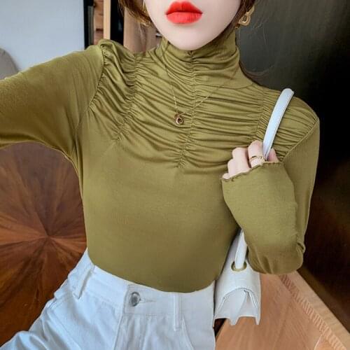 2021 Turtleneck T Shirt Korean Style Slim T-shirts Tshirts Cotton Long Sleeve Autumn Tops Tee Shirt Femme Harajuku Shirt Black