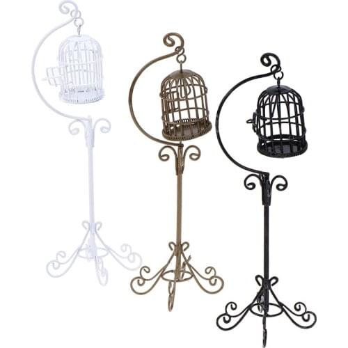 3 Colors 1:12 Mini Dollhouse Metal Bird Cage Model With Holder Alloy Miniature Decorations Modern Home Room Crafts