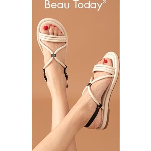 BeauToday Sport Sandals Women Sheepskin Genuine Leather Narrow Band Buckle Strap Summer Ladies Low Heel Shoes Handmade 32188