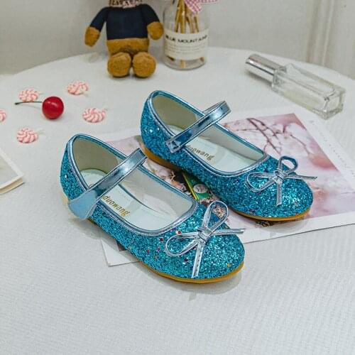 Girls Leather Shoes Students Sequins Bow Princess Party Shoes Fashion Flats Childrens Shoes 2021 New Spring White Pink E679