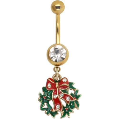 JHJT Musi Pendant Belly Button Rings Christmas Tree Gold Barbell Zircon Navel Piercing Surgical Steel Women Body Jewelry