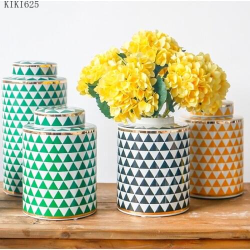 European Geometric Pattern Ceramic Sealed Storage Jar Flower Arrangement Dried Flower Vase Desktop Decor Candy Storage Jar Vase