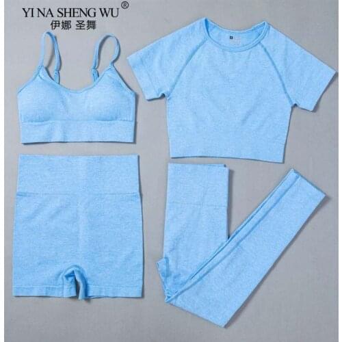 4PCS Sport Yoga Pants Set Women Breathable Two 2 Piece Crop Top T-shirt Bra Legging Sportsuit Workout Outfit Fitness Yoga Sets