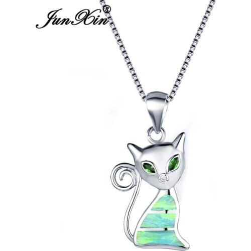 Cute Female Green White Opal Pendants Necklaces Silver Color Fox Necklaces For Women 2019 Valentines Day Gifts