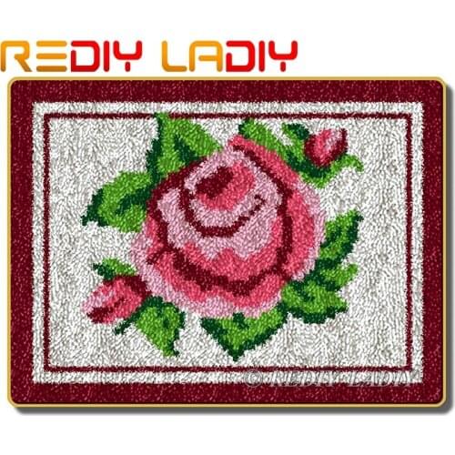Latch Hook Rug Kits Crocheting Carpet Rug Pink Rose Flowers Acrylic Yarn Printed Canvas Cushion Mat Crochet Wall Tapestry Crafts