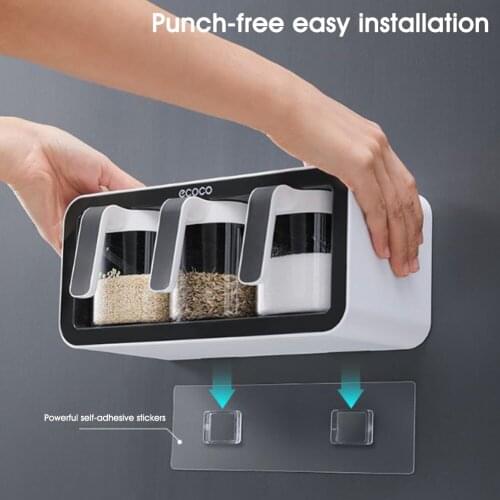 Wall Mount Spice Rack Organizer Sugar Bowl Salt Shaker Seasoning Container Spice Boxes With Spoons Kitchen Supplies Storage Set