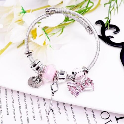 2020 New Pando Series Pink Glass Bead Bracelet DIY Bow Pendant Fashion Cute Bracelet 1PCS/LOT