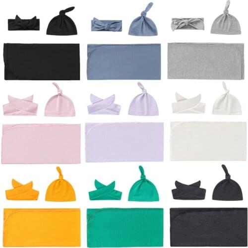 Newborn Swaddling Wrap+Headband+Hat Set Baby Receiving Blanket Sleepsack Hair Band Baby Bonnet Blanket Boys Girls Shower Gift