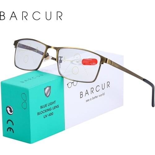 BARCUR Quality Progressive Mens Reading Glasses Multifocal Bifocal Women Anti Blue Light Eyeglasses Prescription Eyewear